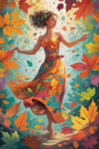 a masterpiece artwork, Seamlessly blends the girl's vibrant personality with the natural beauty of leaves. As she dances through a (kaleidoscope of colors and patterns), the leaves respond, mirroring her movements with mesmerizing fractal designs, detailed, crisp color, high_res details