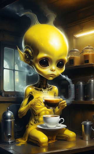 A digital illustration of a glowing anorexic chibi_ET_alien, sitting in the dark coffee shop as costumer, her body producing a hot smoke, yellow mustard color, low light, sparkling coffee glass, shining coffee machine, aesthetic and beautiful artwork, for smartphone wallpaper, sci-fi, mysterious, (by Tim Walker & Steven Spielberg & H.R. Giger), digital art style, high contrast, realistic details, high resolution, popular on Pinterest