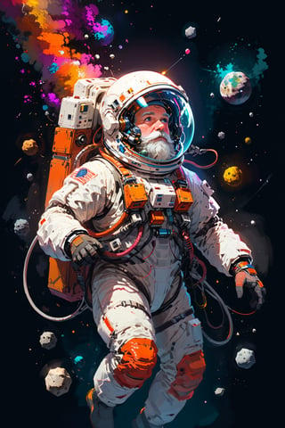 (masterpiece, best quality),
An eccentric Astronout floating in dark space, manouvering with zero gravity, lot of colorful gadgets and survival tools atached on its spacesuit with a jetpack, wore a transparent helmet showing his thick white beard inside, surounded by glowing asteroids, cinematic shot, absurd hillarious, adventurious, rich color, smooth, lifelike features, detailed