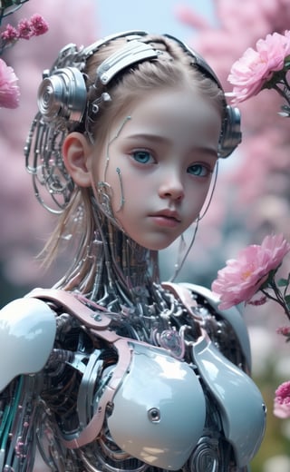 figure of biomechanical cyborg little girl made of glass, transparent, see-through intricated interal mechanical metal part, metal array, hi-tech, sci-fi, difficult, chip, circuit, post-production, elegan, teal and pearl white , ((She was picking pink flowers)) ,flower garden, outdoor,high_res,cyborg style