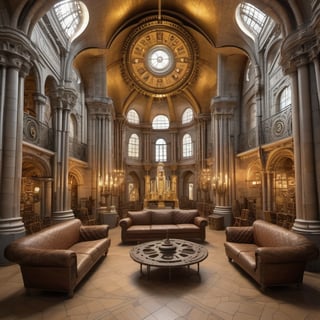 Inside of paris's Sacre Coeur Bassilica in the style of industrial steampunk design living room, intricated, high detailed, high_res