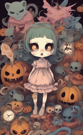 Masterpiece,Best Quality Surrealism, Anime art,Kawaii,Pastel color,Modern, Digital illustration. A Girl costumed and surrounded by her nightmare objects. A lot of objects that are totally different, weird yet beautifully, chaotic entangled. She is wearing a mask that covers her eyes, but not her mouth. She is yelling. Surrounded by her nightmare and traumas such as (pumkins:1)+snakes+knives+fire+blood+skulls+dolls+clocks+chains. All mixed and twisted together, forming a cute grotesque and addorable disturbing collage. The background is fading into darken and blurry, a sense of isolation and hopelessness. Colorful,
Complexity, High creative, high_detailed, Freestyle