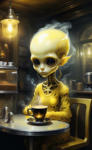 A digital illustration of a glowing anorexic chibi_ET_alien, sitting in the dark coffee shop as costumer, her body producing a hot smoke, yellow mustard color, low light, sparkling coffee glass, shining coffee machine, aesthetic and beautiful artwork, for smartphone wallpaper, sci-fi, mysterious, (by Tim Walker & Steven Spielberg & H.R. Giger), digital art style, high contrast, realistic details, high resolution, popular on Pinterest