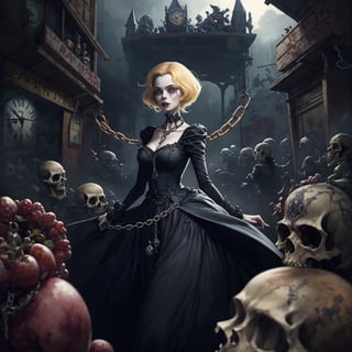 1girl, beautiful perfect face, standing, wore a creative_concept_design dress, a strange yet beautiful long dress, (decorated dress by black orchid, skulls, gears, clocks, chain). Dark-red&black, facing the camera, industrial era, crowded fruit market full of small-sized-monsters, thick fog,
Fantasy, dreamy, eerie, magical environment, (by Tim Burton & Vivienne Westwood & Brian Froud), mixed media style, hard edges, featured on Artsy, outdoor scene, artistic details, high resolution,EpicArt,rototech