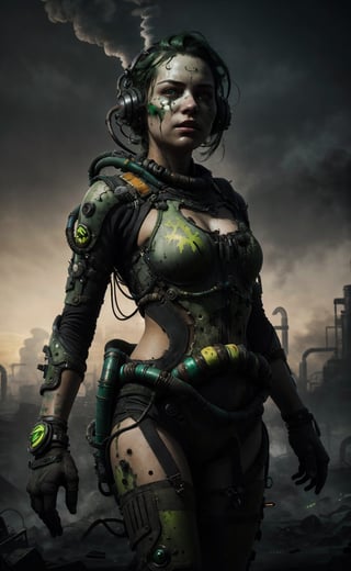 RAW, photorealistic, girl in intricated ToxicPunkAI techwear suit, beautiful, hi-tech, sci-fi, explosive green smokes, bored face, high detailed skin texture,green eyes, green hair messy hair, head, body, legs ,hyper detailed, sharp character focus, post-apocalypse industrial,lights, sunset, epic environment, cinematic,pro-lighting,intricated,ToxicPunkAI