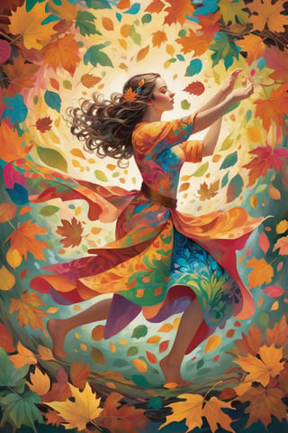 a masterpiece artwork, Seamlessly blends the girl's vibrant personality with the natural beauty of leaves. As she dances through a (kaleidoscope of colors and patterns), the leaves respond, mirroring her movements with mesmerizing fractal designs, detailed, crisp color, high_res details