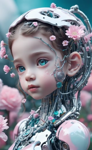 figure of biomechanical cyborg little girl made of glass, transparent, see-through intricated interal mechanical metal part, metal array, hi-tech, sci-fi, difficult, chip, circuit, post-production, elegan, teal and pearl white , ((She was picking pink flowers)) ,flower garden, outdoor,high_res,cyborg style