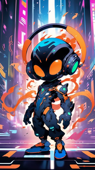 Anime, chibi alien in stylish jumpsuit, carries dj music tool, pointing to viewer, cyberpunk city , ask for ready, ,dynamic move, active, explosive light, white&orange,  art,  detailed artwork, high_res