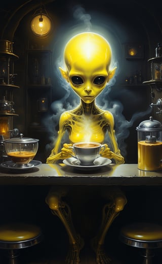 A digital illustration of a glowing anorexic chibi_ET_alien, sitting in the dark coffee shop as costumer, her body producing a hot smoke, yellow mustard color, low light, sparkling coffee glass, shining coffee machine, aesthetic and beautiful artwork, for smartphone wallpaper, sci-fi, mysterious, (by Tim Walker & Steven Spielberg & H.R. Giger), digital art style, high contrast, realistic details, high resolution, popular on Pinterest