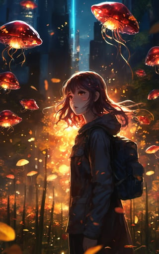 ((Masterpiece, Best quality, Anime Art)), fireflies, reflective, creative, dark-red, mysterious, Fantasy&Magical vibes, sci-fi, sparks, strange, DoF, Bokeh, dappled sunlight, open mouth, fish, 1other, black background, city lights, cityscape, building, jellyfish, field, flower, one-eyed, walking, field, garden, hood, light rays, goggles, garden, autumn leaves, hyperdetailed, High res