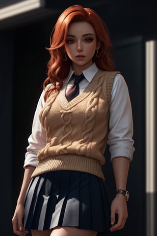 masterpiece,best quality,(photorealistic:1.4),redhead, (ultra detailed:1.3),masterpiece,unity 8k wallpaper,1girl, blond Sweater Vest with a Pleated Skirt, breasts:1.2, 