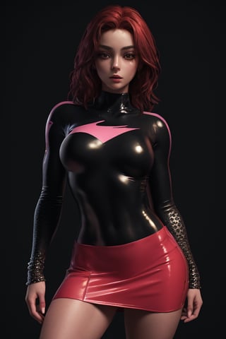 masterpiece,best quality,(photorealistic:1.4),redhead, (ultra detailed:1.3),masterpiece,unity 8k wallpaper,1girl, hot pink Bodysuit with a Mini Skirt