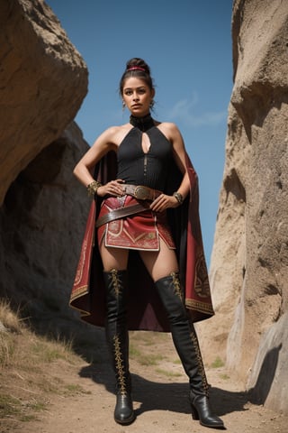  (8k, best quality, masterpiece:1.2), (realistic, photo-realistic:1.3), ultra-detailed, full body, 1girl, solo,  hand guard, belt, faulds, dancing, cape, legging, beautiful face, asymmetrical skirt made of rough animal hide. A matching braided leather halter offers minimal coverage, with ornate bone and claw adornments. High leather boots, marked by battle scars, climb the calves, and dual arm guards fashioned from thick hide and decorated with tribal symbols complete the fierce ensemble.