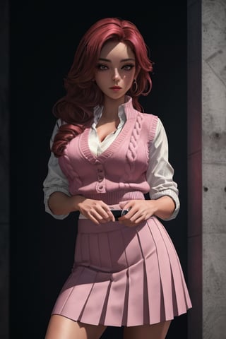 masterpiece,best quality,(photorealistic:1.4),redhead, (ultra detailed:1.3),masterpiece,unity 8k wallpaper,1girl, pale magenta-pink  Sweater Vest with a Pleated Skirt, breasts:1.2, 