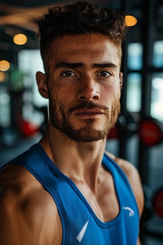 8k uhd, RAW photo, best quality, lowkey portrait of an olympic athlete posing for a promotional photoshoot in a cosy private gym, 27 years old, athletic body, artistic composition, moody ambiance, extremely detailed, award winning sports photography, dslr, high quality, film grain, Fujifilm XT3, sharp focus, f 5.6