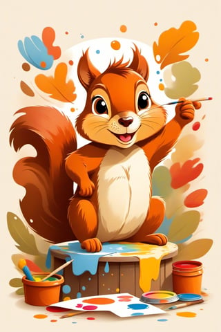 Illustration of a charming scene with a cute squirrel splashing paints all over the cosy art studio. capture the squirrel's effusive happiness, looking at the camera. playful visual narrative. tshirt design,Cubist artwork,Flat Design