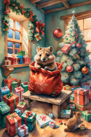 At the center of a charming warm room stands a big Santa's bag full of gifts, from it a group of cute quokkas is climbing out, worm's-eye view, looking up at the top of the bag. Delicately, the quokkas are inspecting the room colored with a palette of soft pastels, their fluffy tails wiggling with excitement. The room exudes a serene ambiance, a sanctuary where christmas thrives, oni style, dripping paint