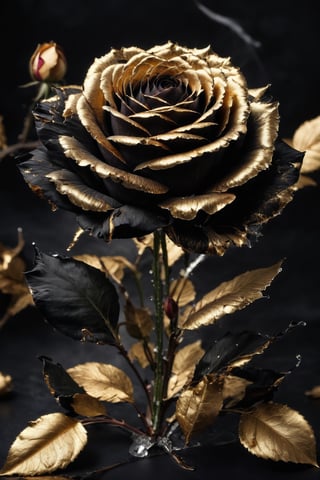 high speed photography, frozen in time, close up photo of a frozen rose the moment it's hit by a bullet and starts to shatter, partially shattered frozen rose, masterpiece, best quality,Gold Edged Black Rose,kirigami