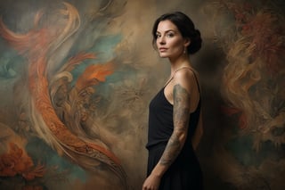 Photo of a woman in front of a wall. Her detailed tattoo appears to seamlessly continue onto the wall creating a fusion of art and environment.