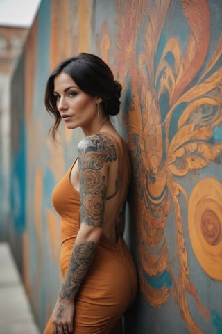 Photo of a woman in front of a wall. Her detailed tattoo appears to seamlessly continue onto the wall creating a fusion of art and environment.