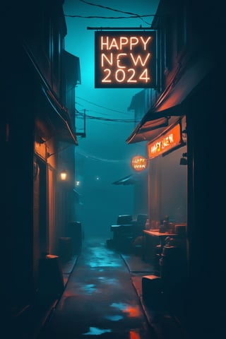 masterpiece, hazy teal orange foggy night sky, (silhouette), atmospheric, urban scene in a small town, new year after party theme, best quality, dark side alley, neon shop sign with the text (((happy new year 2024))), text