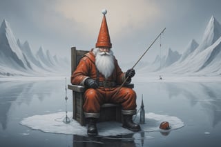 A realistic depiction of a cyberpunk Santa Claus with biomechanical enhancements ice fishing on a frozen lake at the North Pole. The cutting edge Santa embodies the perfect mix of advanced technology and Christmas aesthetics.

Santa is cutting a hole in the ice, set against a desolate Arctic backdrop. artistic composition, masterpiece, 8k uhd, in the style of kazimir malevich, in the style of esao andrews, Comic Book-Style 2d