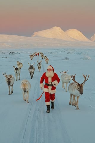 A fit and buff Santa Claus jogging through the beautiful icey and snowy North Pole nature at sunrise, followed by a group of animals including reindeer, polar foxes, polar bears and more, leading lines, artistic composition, masterpiece, 8k uhd, full spectrum infrared, in the style of kazimir malevich, in the style of esao andrews