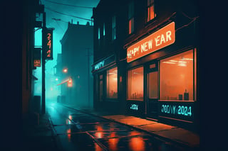 masterpiece, hazy teal orange foggy night sky, (silhouette), atmospheric, urban scene in a small town, new year after party theme, best quality, dark side alley, neon shop sign with the text (((happy new year 2024))), text