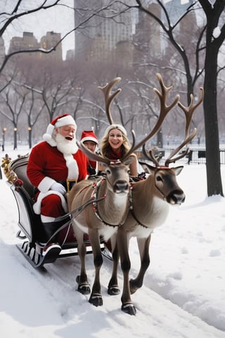 Santa Claus takes his date on a romantic ride in his reindeer sleigh through Central Park in a snowy NYC. couple, Santa Claus with his girlfriend, romantic ride in the snow, christmas, reindeer_sleigh