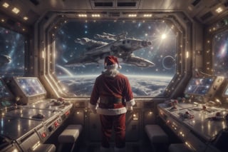 ((Santa Claus flying on a spaceship)), natural light, (RAW photo, best quality, masterpiece: 1.3), photon mapping, ultra-high resolution, 16k image, depth of field, spaceship interior, lost in space, top quality, futuristic control room, large windows, science fiction, view through the window, neon, screen, outside space, galaxies, realistic,ChristmasWintery