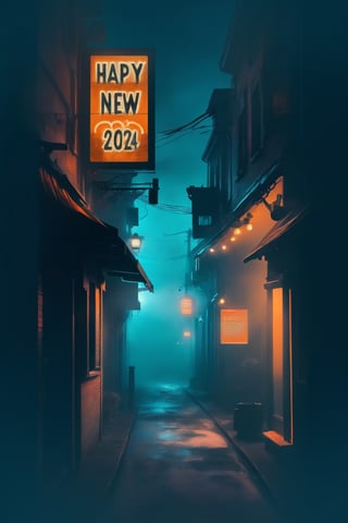 masterpiece, hazy teal orange foggy night sky, (silhouette), atmospheric, urban scene in a small town, new year after party theme, best quality, dark side alley, neon shop sign with the text (((happy new year 2024))), text