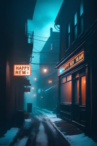 masterpiece, hazy teal orange foggy night sky, (silhouette), atmospheric, urban scene in a small town, new year after party theme, best quality, dark side alley, neon shop sign with the text (((happy new year 2024))), text