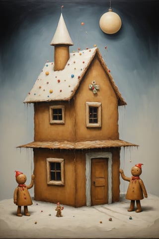 inside a surreal gingerbread house where big is small and small is big, (gingerbread men are exchanging christmas presents), artistic composition, in the style of kazimir malevich, in the style of esao andrews