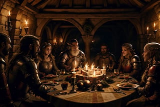 Santa throwing a christmas party in his medieval castle, hosting a dinner party for the elves wearing medieval armor, Game of Thrones, FFIXBG, highly detailed, christmas lights,medieval armor,Anime