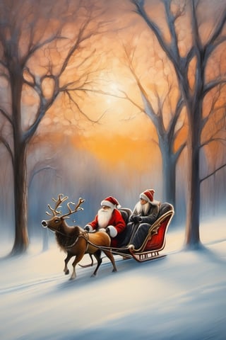 Santa Claus with his date on a romantic ride in his reindeer sleigh through Central Park in a snowy NYC. couple, Santa Claus with his girlfriend, romantic ride in the snow, sunrise, pastel warm colors, christmas, in the style of esao andrews, Science couple