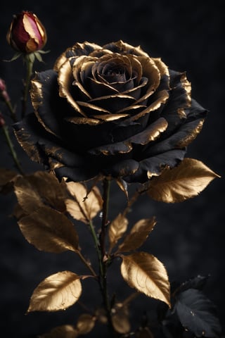 high speed photography, frozen in time, close up photo of a frozen rose the moment it's hit by a bullet and starts to shatter, partially shattered frozen rose, masterpiece, best quality,Gold Edged Black Rose