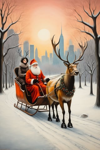 Santa Claus with his date on a romantic ride in his reindeer sleigh through Central Park in a snowy NYC. couple, Santa Claus with his girlfriend, romantic ride in the snow, sunrise, pastel warm colors, christmas, in the style of kazimir malevich, in the style of esao andrews, shards,esao andrews style