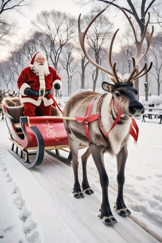 Santa Claus with his date on a romantic ride in his reindeer sleigh through Central Park in a snowy NYC. christmas, reindeer_sleigh