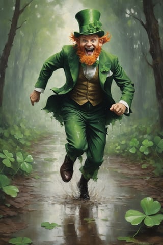 oil painting of an elegant leprechaun frantically running away from a gigantic anthropomorphic four leaf clover, stylish yet torn clothes, strength, determination, reflecting puddles, forest background, natural light, chiaroscuro, dripping paint, Digital painting, art by sargent