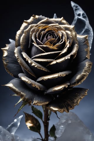 high speed photography, frozen in time, close up photo of a frozen rose the moment it's hit by a bullet and starts to shatter, partially shattered frozen rose, masterpiece, best quality, Gold Edged Black Rose, kirigami, shards