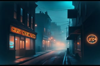 masterpiece, hazy teal orange foggy night sky, (silhouette), atmospheric, urban scene in a small town, new year after party theme, best quality, dark side alley, neon shop sign with the text (((happy new year 2024))), text