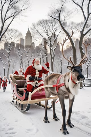 Santa Claus takes his date on a romantic ride in his reindeer sleigh through Central Park in a snowy NYC. couple, Santa Claus with his girlfriend, romantic ride in the snow, christmas, reindeer_sleigh