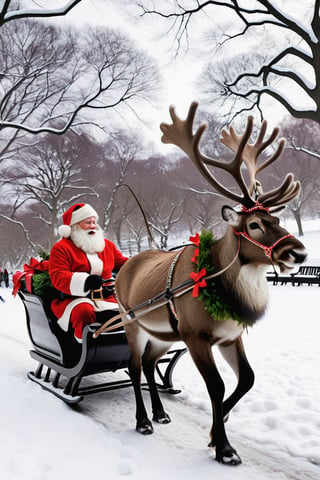 Santa Claus takes his date on a romantic ride in his reindeer sleigh through Central Park in a snowy NYC. couple, Santa Claus with his girlfriend, romantic ride in the snow, christmas, reindeer_sleigh