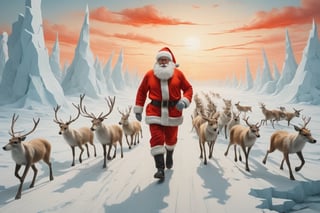 A fit and buff Santa Claus jogging through the beautiful icey and snowy North Pole nature at sunrise, followed by a group of animals including reindeer, polar foxes, polar bears and more, leading lines, artistic composition, masterpiece, 8k uhd, full spectrum infrared, in the style of kazimir malevich, in the style of esao andrews, shards