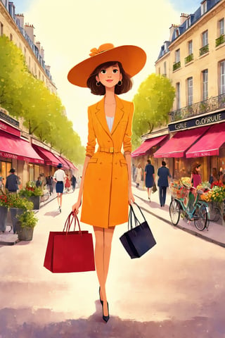 a girl on the street of paris, shopping, glamour, big hat