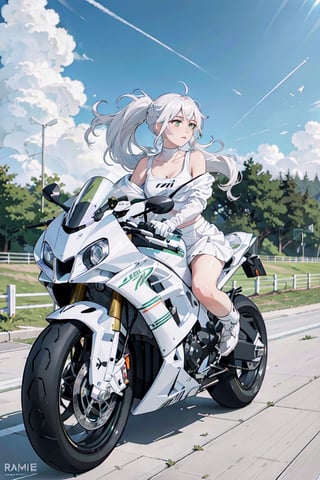 1girl, motion shot, (leaning farwards racing pose), hands on handlebars, (wind blowing back), (hair blowing in wind), (white and green racing sports bra), white skirt, (speed streaks), (riding bike away from camera), nice round butt, racetrack, (white motorbike), (white sport bike), (white hair), cute features, braids on boths sides, flat chested, white_hair, long hair, full body, futiristic, alone, yhmotorbike,yhmotorbike,mecha