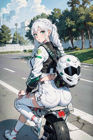 1girl, (riding bike away from camera), looking back, nice round butt, racetrack, (white motorbike), (white sport bike), (white hair), cute pose, braids on boths sides, flat chested, white_hair, long hair, (white and green racing one piece outfit), full body, futiristic, alone, yhmotorbike,yhmotorbike,mecha