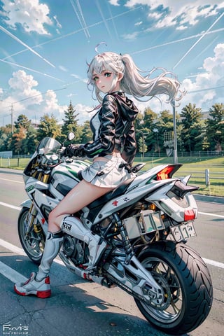 1girl, motion shot, (leaning farwards racing pose), hands on handlebars, (wind blowing back), (hair blowing in wind), (white and green racing sports bra), white skirt, (speed streaks), (riding bike away from camera), nice round butt, racetrack, (white motorbike), (white sport bike), (white hair), cute features, braids on boths sides, flat chested, white_hair, long hair, full body, futiristic, alone, yhmotorbike,yhmotorbike,mecha,latex bikesuit,