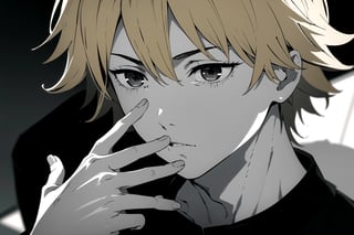 (Denji making peace sign in ASL), ((grayscale)),dja,csm anime style,1boy, black_background, blond_hair, (Denji), cinematic angle, blurry_background, attractive male hands