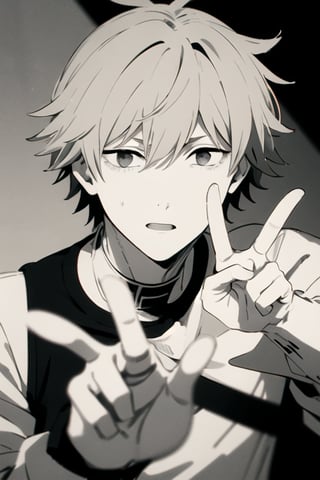 (Denji making peace sign in ASL), ((grayscale)),dja,csm anime style,1boy, black_background, blond_hair, ((Denji)), cinematic angle, blurry_background, {{attractive male hands}},